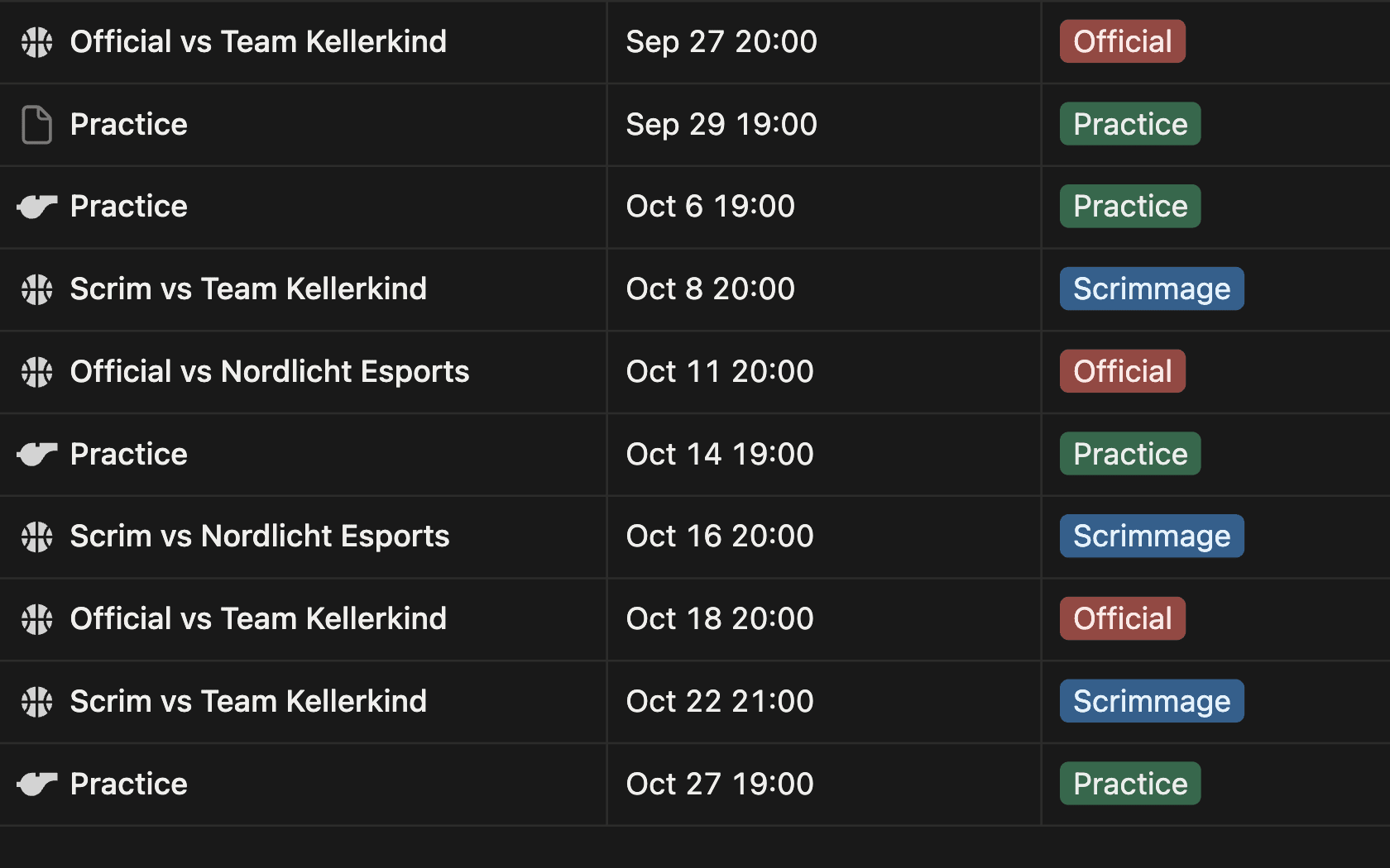 Team calendar list with officials, scrims and practice sessions