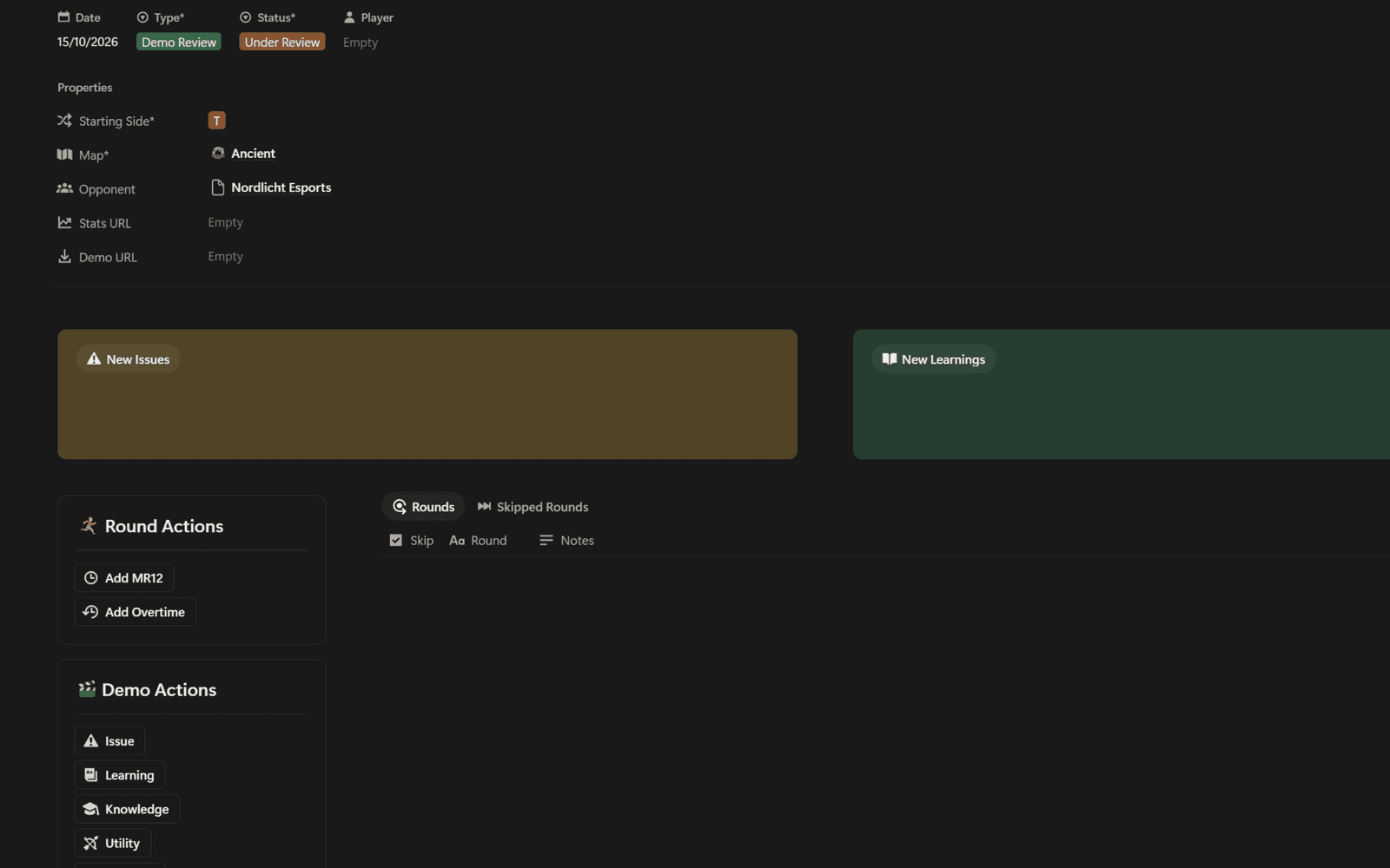 Round-by-round demo notes for a scrim