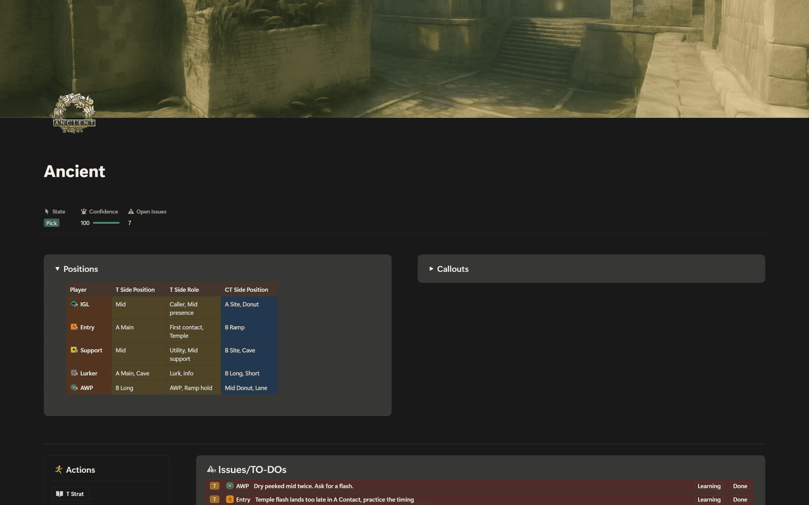 Ancient map page in Notion with positions table, open issues and action buttons