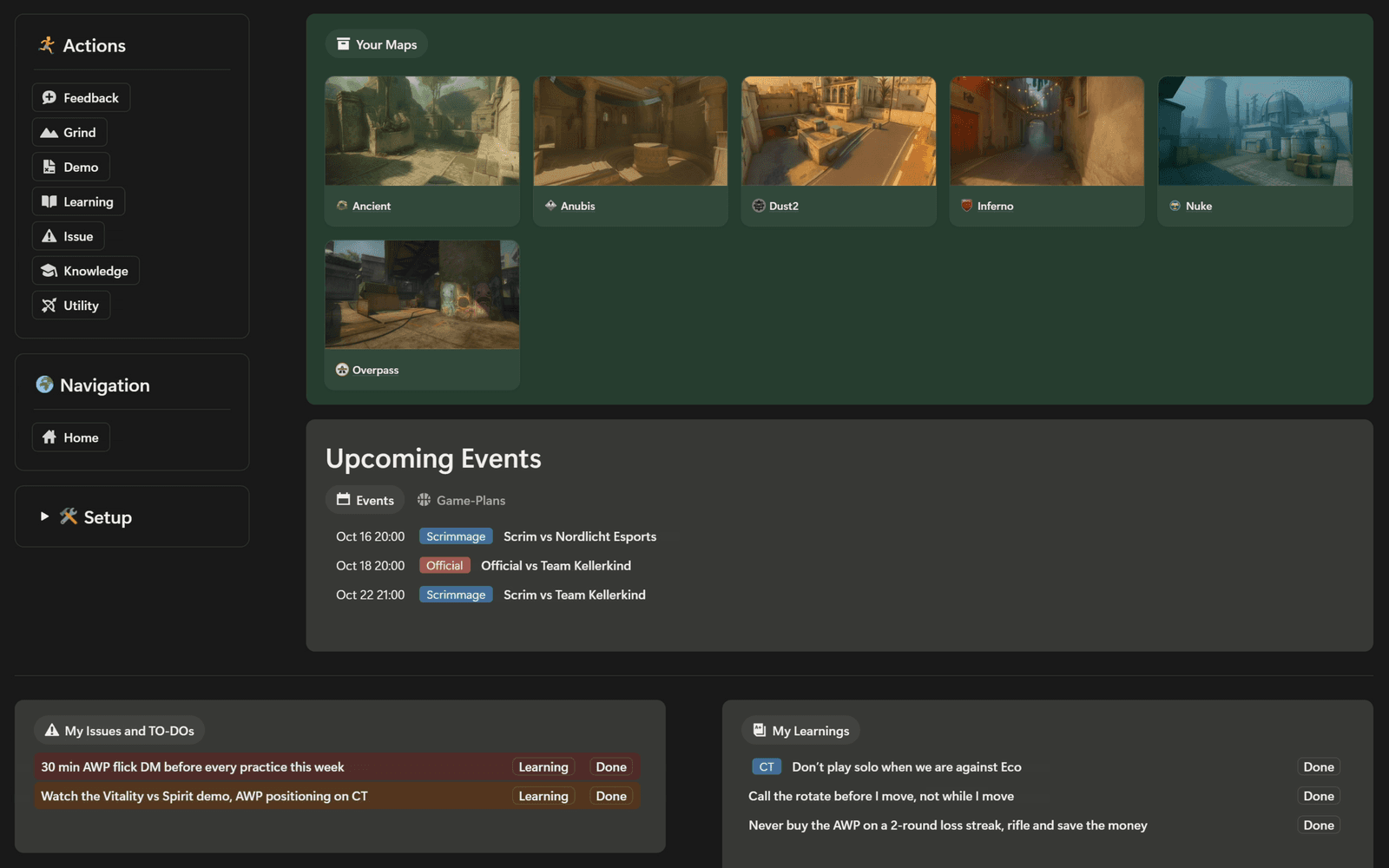 AWP homepage with maps, upcoming events, issues and learnings