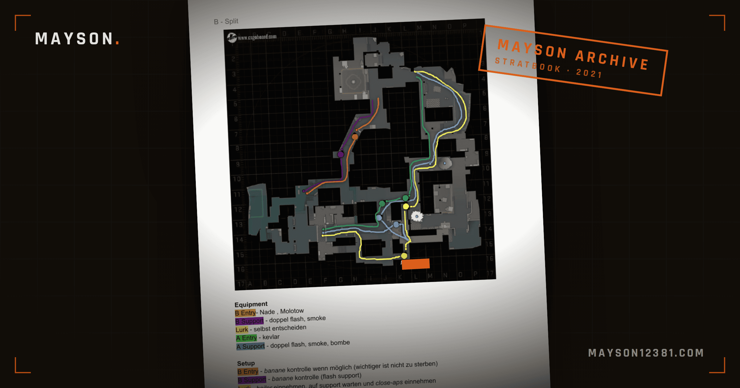 A printed page from a 2021 CS:GO stratbook showing a B split strategy on Inferno, stamped Mayson Archive