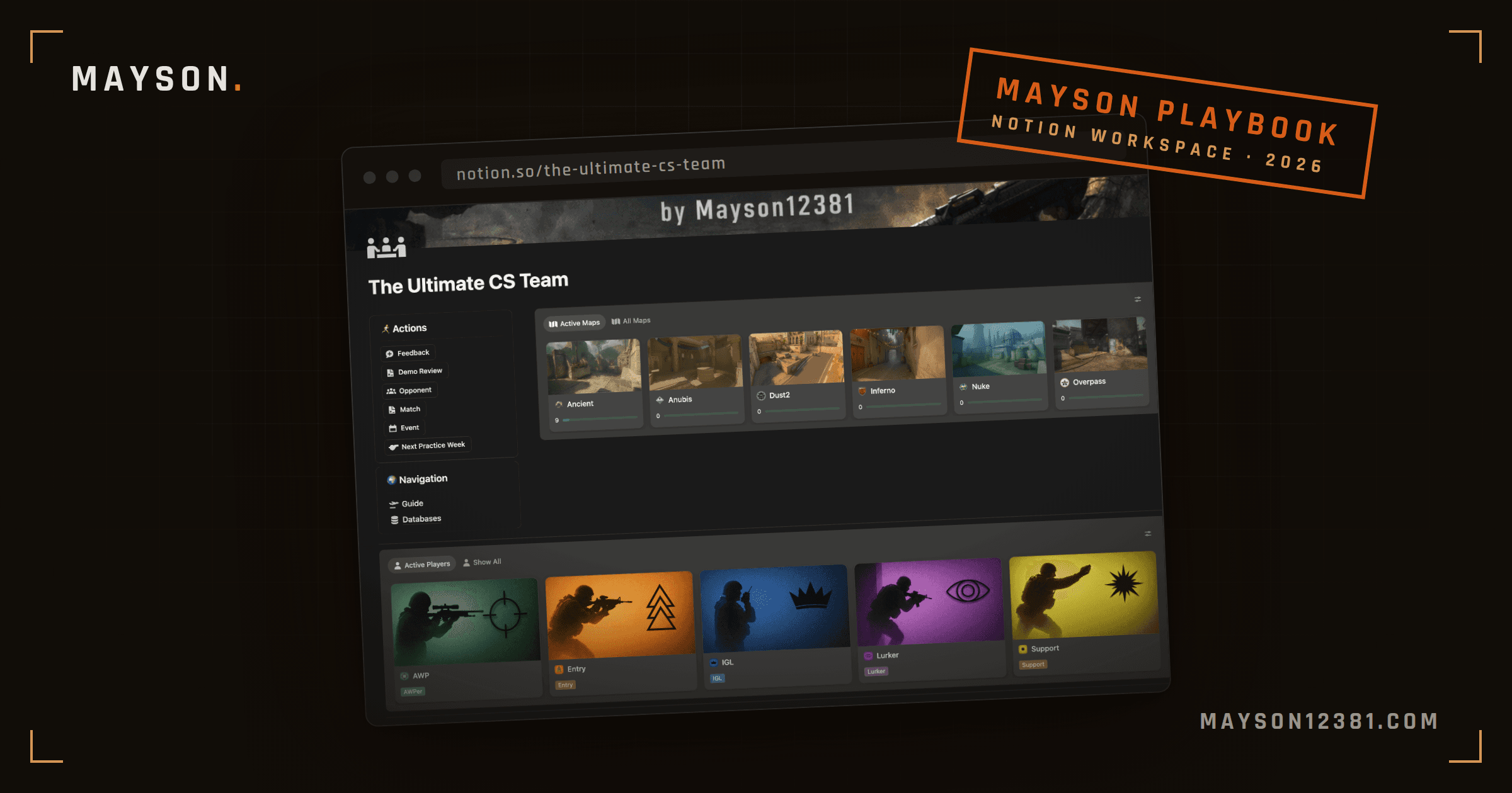 The homepage of the Ultimate CS2 Playbook Notion template with the active map pool and player role cards, stamped Mayson Playbook